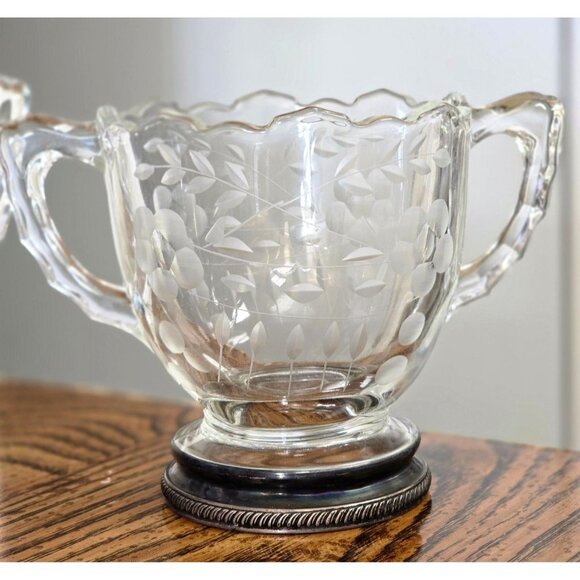 Vintage Etched Glass Sterling Silver Sugar Creamer Set - Picture 7 of 12